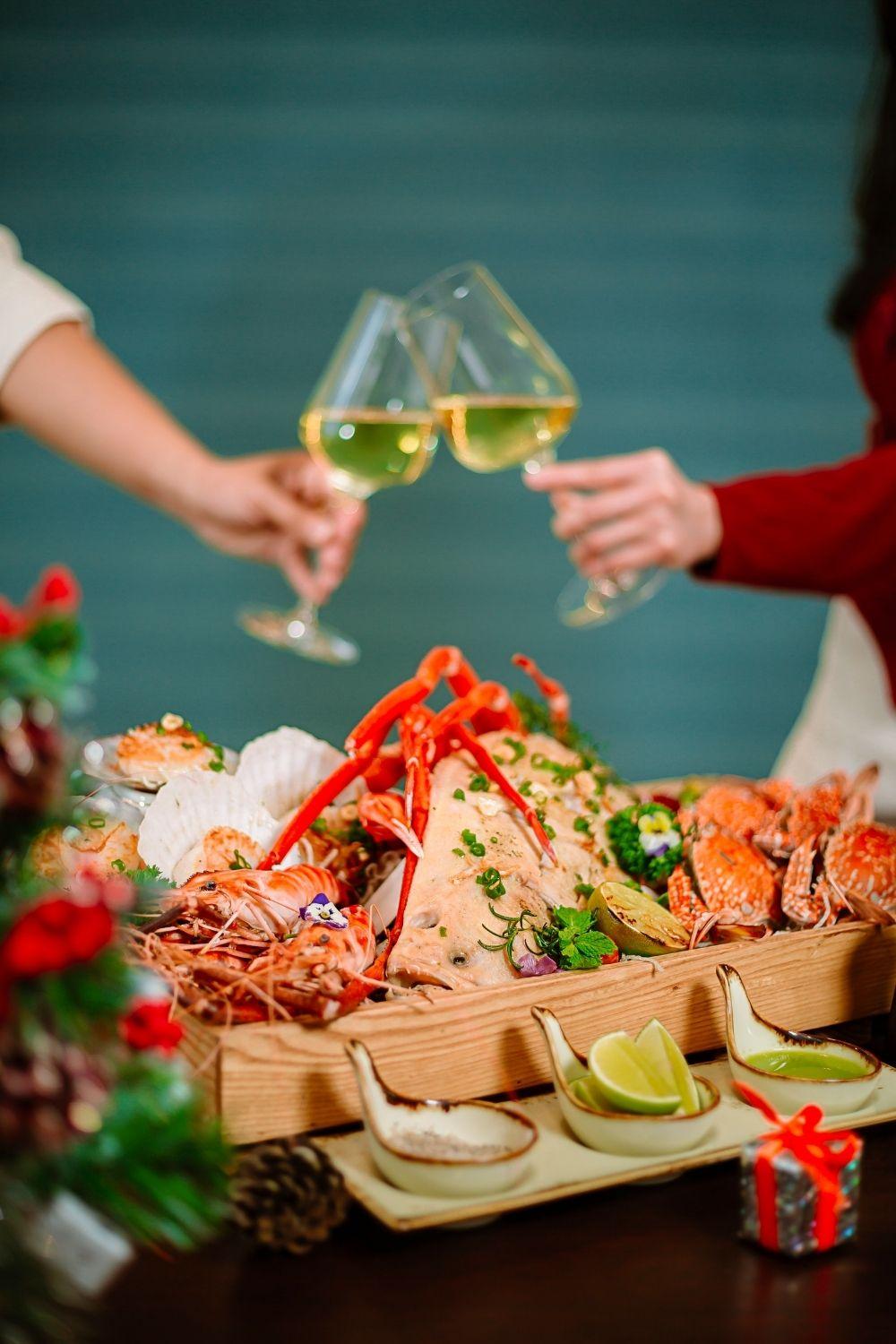 seafood surf & turf with wine